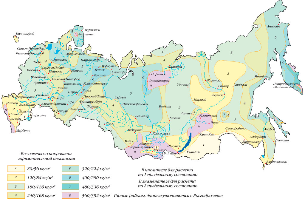 Карта усредненных нагрузок снегового покрова в разных регионах России